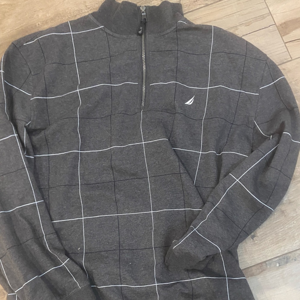 Nautica Men's Charcoal 1/4 Zip-Up Sweater with White Grid - Picture 9 of 10